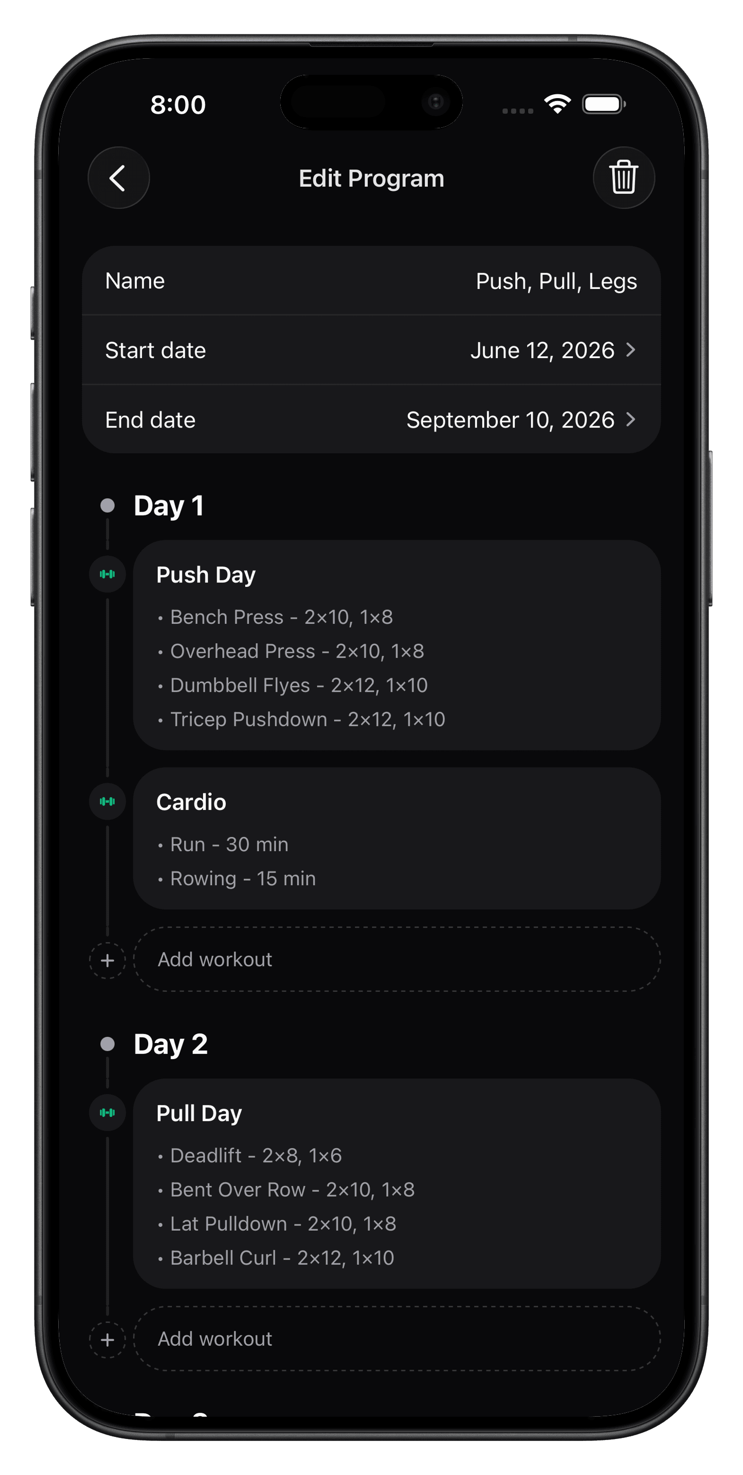 Oak training program editor with adaptive workout schedule