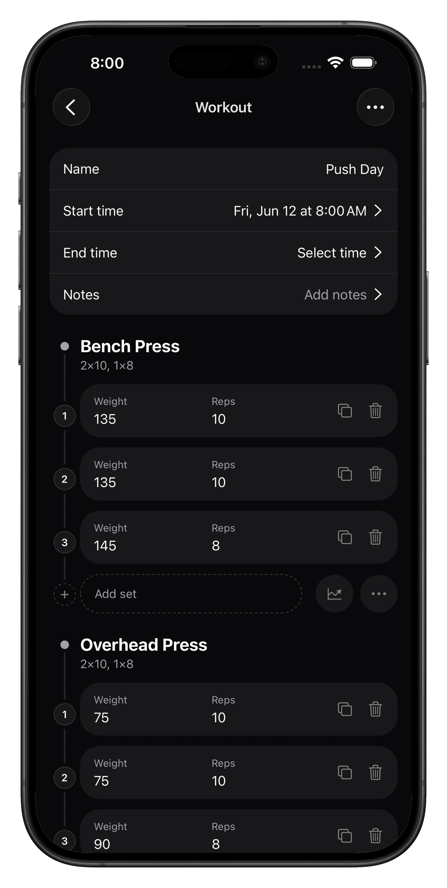 Oak workout tracking screen with sets, reps, and weights