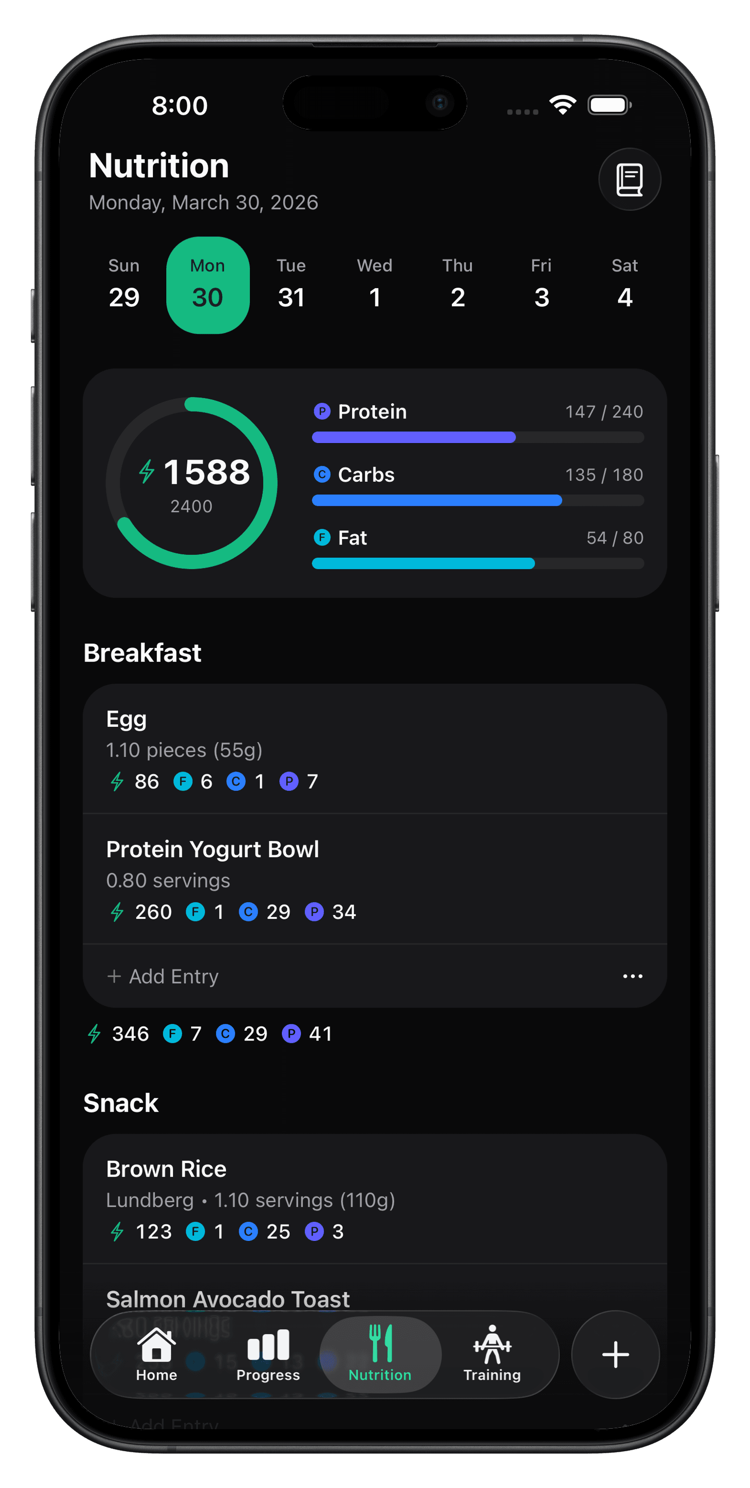 Oak nutrition goals and food logging screen