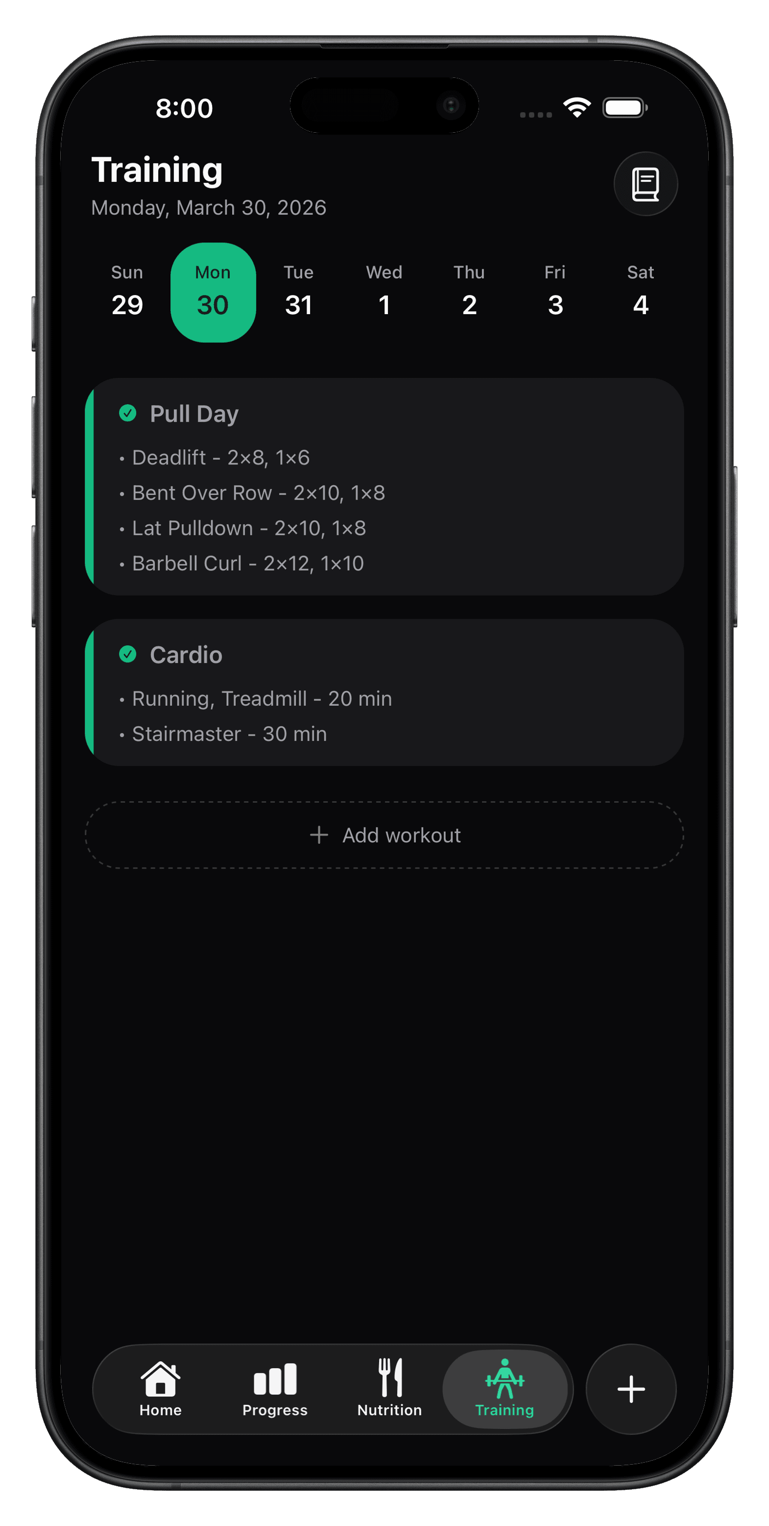 Oak training program and workout tracking screens