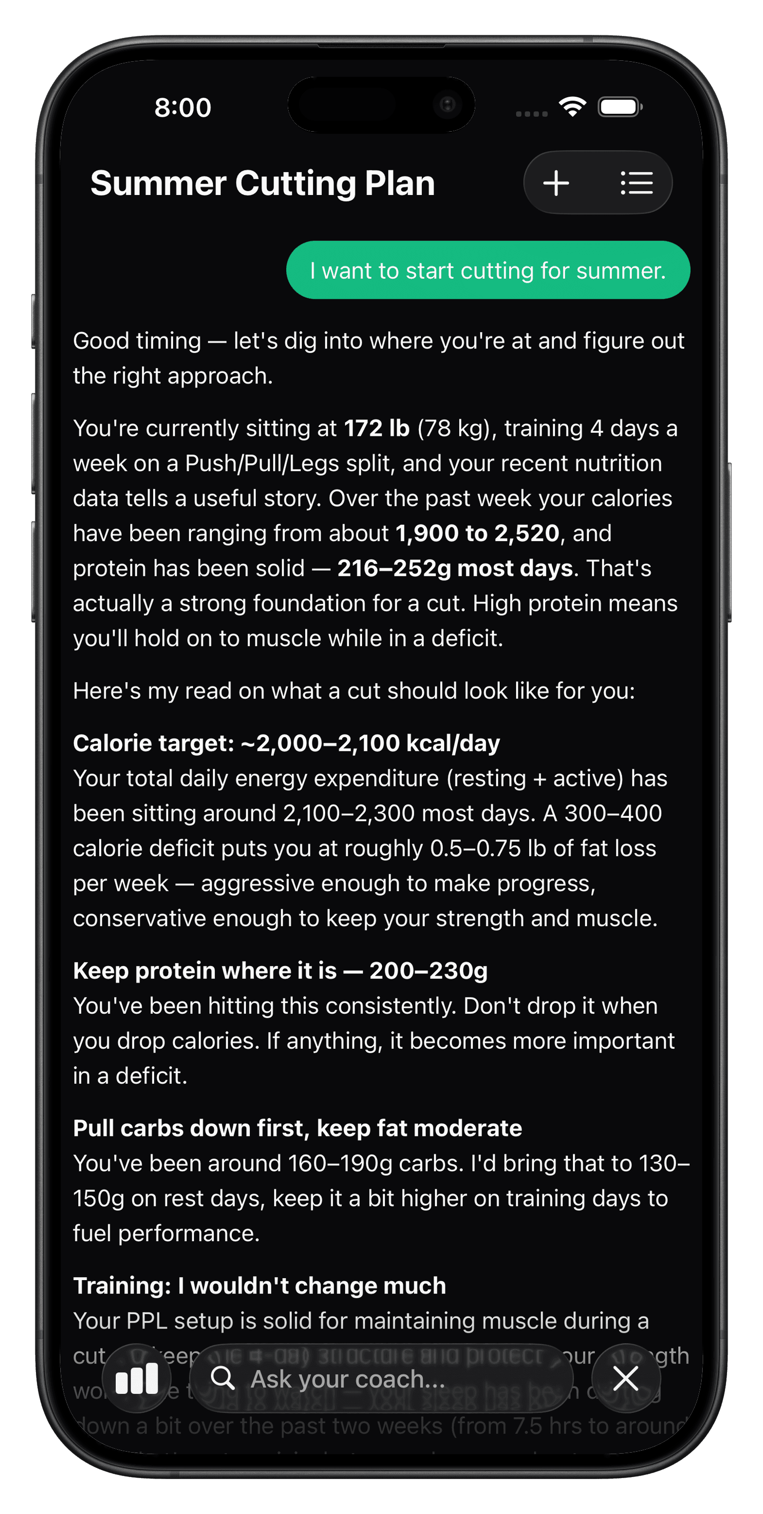 Oak coach conversation using training and Apple Health nutrition data